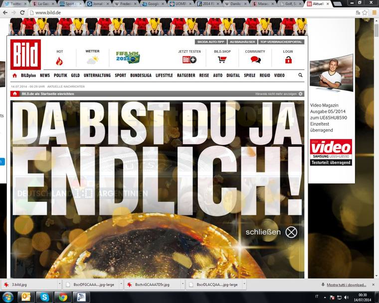 Germania campione del mondo, i media tedeschi pazzi di gioia. Soprattutto la Bild. 